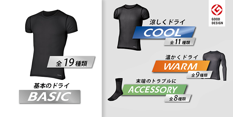 ドライレイヤー：基本のドライ BASIC、涼しくドライ COOL、温かくドライ WARM、末端のトラブルに ACCESSORY